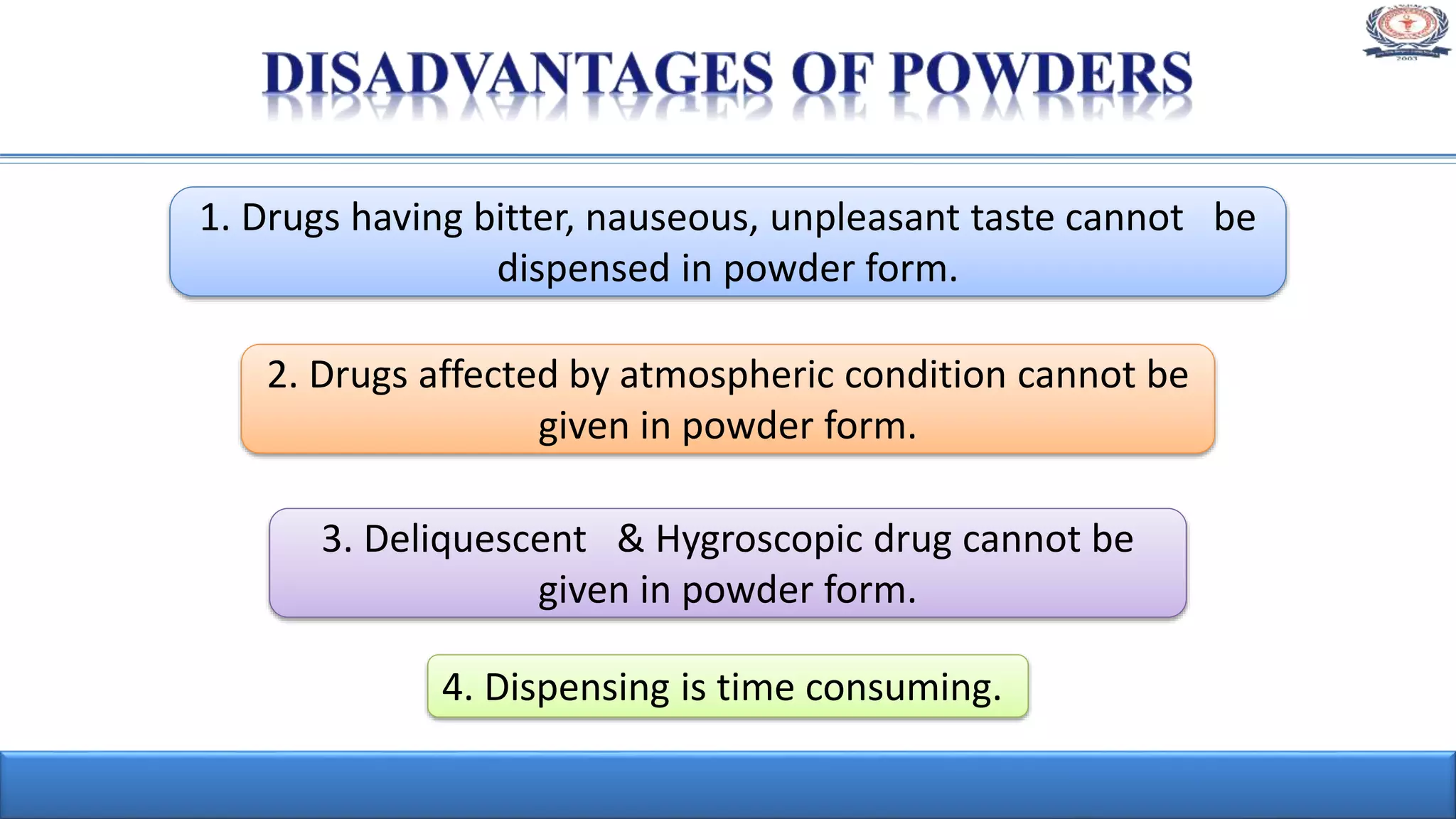 1. Drugs having bitter, nauseous, unpleasant taste cannot be
dispensed in powder form.
2. Drugs affected by atmospheric condition cannot be
given in powder form.
4. Dispensing is time consuming.
3. Deliquescent & Hygroscopic drug cannot be
given in powder form.
 