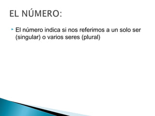 El número indica si nos referimos a un solo ser
(singular) o varios seres (plural)
 