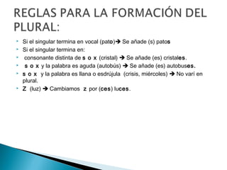  Si el singular termina en vocal (pato) Se añade (s) patos
 Si el singular termina en:
 consonante distinta de s o x (cristal)  Se añade (es) cristales.
 s o x y la palabra es aguda (autobús)  Se añade (es) autobuses.
 s o x y la palabra es llana o esdrújula (crisis, miércoles)  No varí en
plural.
 Z (luz)  Cambiamos z por (ces) luces.
 