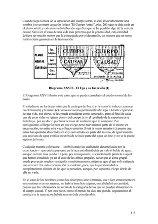 Cuando llega la hora de la separación del cuerpo astral, es casi invariablemente una
sombra j no un mero cascarón (véase "El Cuerpo Astral", pág. 200) que se deja atrás en
el plano astral; y esta misma distribución significa que se ha perdido algo de la materia
causal. Salvo en el caso de una vida más perversa que la generalidad, esta cantidad
debiera ser mucho menor que la conseguida por el desarrollo, de manera que en suma
habría cierta ganancia en la transacción.




                     Diagrama XXVII – El Ego y su Inversión (I)

El Diagrama XXVII ilustra este caso, que se puede considerar el estado normal de las
cosas.

El estudiante no ha de permitir que la analogía del brazo y la mano le induzca a pensar
en el brazo (b) y la mano (c) como accesorios permanentes del ego. Durante el período
de una vida, por cierto, se les puede considerar como separados, pero al final de cada
una de estas vidas se retiran dentro del cuerpo (a) y el resultado de la experiencia se
distribuye, por así decir, por toda la masa de sustancia que lo compone. Por
consiguiente, al llegar la hora en que el ego pone nuevamente parte de sí mismo en
encarnación, no estira otra vez el brazo anterior (b) ni la mano anterior (c) puesto que
estos han quedado absorbidos en él y convertidos en parte del mismo, de igual manera
que una taza de agua vertida en un balde se hace parte del agua de éste, y no se la puede
separar del resto.

Cualquier materia coloreante —simbolizando las cualidades desarrolladas por la
experiencia— que estaba presente en la taza está distribuida en todo el balde de agua,
aunque en tinte más pálido. El plan, por consiguiente, es exactamente paralelo a aquel
que hemos estudiado ya en el caso de las almas grupales, salvo que el alma grupal
puede proyectar muchos tentáculos simultáneamente, mientras que el ego solo extiende
uno a la vez. En cada encarnación es evidente, pues, que la personalidad es
completamente distinta de las que la preceden, aunque, por supuesto, el ego detrás de
ella no varía.

En el caso de los hombres, como los descriptos anteriormente, que viven enteramente en
sus pasiones o en sus mentes, no habría beneficio alguno, en calidad ni en cantidad,
puesto que las vibraciones no serían de la categoría de las que se pueden almacenar en
el cuerpo causal. Y por otra parte, como el enredo ha sido tan grande, seguramente al
producirse la separación habría una pérdida considerable.




                                                                                      115
 