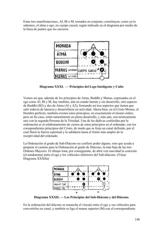 Estas tres manifestaciones, Al, Bl o M, tomados en conjunto, constituyen, como ya lo
sabemos, el alma o ego, en cuerpo causal, según indicado en el diagrama por medio de
la línea de puntos que los encierra.




            Diagrama XXXI. — Principios del Lego Inteligente y Culto


Vemos así que, además de los principios de Atma, Buddhi y Manas, expresados en el
ego como Al, Bl y M, hay también, aún en estado latente y sin desarrollo, otro aspecto
de Buddhi (B2) y dos de Atma (Al y A2), formando así tres aspectos que tienen que
salir todavía de latencia y desarrollarse en actividad. Ahora bien, en el Cristo Mismo, el
Hombre perfecto, también existen estos principios, en exactamente el mismo orden;
pero en Su caso, están naturalmente en pleno desarrollo, y más aún, son místicamente
uno con la segunda Persona de la Trinidad. Una de las dádivas conferidas por la
ordenación es el eslabonamiento de ciertos de estos principios en el ordenado, con los
corespondientes principios del Cristo, de modo que se forja un canal definido, por el
cual fluirá la fuerza espiritual y la sabiduría hasta el limite más amplio de la
receptividad del ordenado.

La Ordenación al grado de Sub-Diácono no confiere poder alguno, sino que ayuda a
preparar el camino para la Ordenación al grado de Diácono, la más baja de las tres
Órdenes Mayores. El obispo trata, por consiguiente, de abrir con suavidad la conexión
(el antakarana) entre el ego y los vehículos inferiores del Sub-diácono. (Véase
Diagrama XXXIIa)




        Diagrama XXXII. — Los Principios del Sub-Diácono y del Diácono.

En la ordenación del diácono se ensancha el vínculo entre el ego y sus vehículos para
convertirlos en canal, y también se liga el manas superior (M) con el correspondiente


                                                                                       148
 