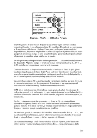 Diagrama XXXV. — El Hombre Perfecto.


El efecto general de esta efusión de poder es de ampliar algún tanto el canal de
comunicación entre el ego y la personalidad del candidato. El grado de a... corresponde
al de subdiácono del sistema cristiano. En un punto análogo en la ceremonia del
Segundo Grado, hay mayor amplitud en el enlace del ego con la personalidad, de modo
que para la efusión de energía se abre un definido canal que el candidato podrá utilizar
eficazmente si procede a actuar en él y por su medio.

En este grado hay cierto paralelismo entre el grado de C. . . y la ordenación eclesiástica
del diaconado. Al propio tiempo se establece un lazo entre el candidato y el J. D. T. L.
V. M. en todas las Logias donde como tal se le reconoce.

Como en el caso de la amplitud de la conciencia, el lazo que se forma es para que el
candidato haga lo que guste hacer de él. Puede serle muy beneficioso y modificar toda
su conducta, capacitándolo para adelantar rápidamente en el sendero de la iniciación; o
por el contrario puede menospreciarlo y no servirle de provecho.

La comprobación de un M. M. por la escuadra y el compás significa que a un M. M. se
le comprueba y reconoce por la circunstancia de que tanto el ser superior como el
inferior actúan ordenadamente y funcionan en completa armonía.

El M. M. es simbólicamente el Iniciado de cuarto grado, el Arhat. En esta etapa de
realización terminó ya la lucha contra el cuaternario inferior que ha quedado reducido a
obediente instrumento en manos de la tríada superior, cuyos tres instrumentos están ya
en actividad.

En el c.. . esperan encontrar los genuinos s. . .s de un M. M.; en otras palabras,
descubrirá el supremo secreto de la vida cuando encuentre en sí mismo a la Mónada,
que está más allá de la tríada superior, y entonces se convencerá por propia experiencia
de que es y siempre ha sido esencialmente uno con Dios.

En anteriores grados, la conciencia del candidato hubo de ascender de la e. . . al c.. . esto
es, del cuadrilátero al triángulo, del ser inferior al superior; pero ahora ha de ascender
desde el triángulo hasta el punto — del ser superior a la Mónada.

La Mónada comienza ya a fluir con su voluntad en el ser superior, como antes éste
influyó con su voluntad en el cuaternario inferior. El n. .. representa la acción de la


                                                                                          153
 