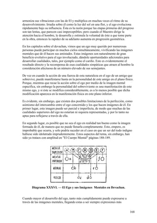 armoniza sus vibraciones con las de El y multiplica en muchas veces el ritmo de su
desenvolvimiento. Irradia sobre él como la luz del sol en una flor, y el ego evoluciona
rápidamente bajo su influencia. Ésta es la razón porque las etapas primeras del progreso
son tan lentas, que parecen casi imperceptibles; pero cuando el Maestro dirige la
atención hacia el hombre, le desarrolla y estimula la voluntad de éste a que tome parte
en la obra, entonces la rapidez de su adelanto aumenta en progresión geométrica.

En los capítulos sobre el devachan, vimos que un ego muy querido por numerosas
personas puede participar en muchos cielos simultáneamente, vivificando las imágenes
mentales que de él hacen sus amistades. Estas imágenes son naturalmente de gran
beneficio evolutivo para el ego involucrado, dándole oportunidades adicionales para
desarrollar cualidades, tales, por ejemplo como el cariño. Esto es evidentemente el
resultado directo y la recompensa de esas cualidades simpáticas que atraen al hombre la
consideración afectuosa de un número elevado de sus semejantes.

De vez en cuando la acción de una fuerza de esta naturaleza en el ego de un amigo que
sobrevive, puede manifestarse hasta en la personalidad de este amigo en el plano físico.
Porque, mientras que recae la acción sobre el ego por medio de la imagen mental
especifica, sin embargo la personalidad del sobreviviente es una manifestación de este
mismo ego, y si éste se modifica considerablemente, es a lo menos posible que dicha
modificación aparezca en la manifestación física en este plano inferior.

Es evidente, sin embargo, que existen dos posibles limitaciones de la perfección, como
asimismo del intercambio entre el ego concernido y los que hacen imágenes de él. En
primer lugar, esta imagen puede ser parcial e imperfecta, de modo que muchas de las
cualidades superiores del ego no estarían ni siquiera representadas, y por lo tanto no
aptas para reflejarse a través de ella.

En segundo lugar, es posible que no sea el ego en realidad tan bueno como la imagen
formada de él, de manera que no puede llenarla completamente. Esto, empero, es
improbable que ocurra, y solo podría suceder en el caso en que un ser del todo indigno
hubiese sido idolatrado imprudentemente. Estos aspectos del tema, sin embargo, han
sido ya trataos con amplitud en "El Cuerpo Mental" páginas 188-189.




       Diagrama XXXVI. — El Ego y sus Imágenes Mentales en Devachan.


Cuando mayor el desarrollo del ego, tanto más cumplidamente puede expresarse a
través de las imágenes mentales, llegando estas a ser siempre expresiones más


                                                                                     168
 
