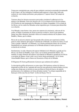 Vemos por consiguiente que, antes de que cualquier conciencia encarnada (exceptuando
la del Logos y de Sus Jerarquías Creadoras) pudo aparecer o hacer algo, hubo que
realizar un vasto trabajo preliminar, para preparar el "aspecto forma" del campo de
evolución.

Tenemos ahora los factores necesarios para poder considerar la adherencia de los
átomos a las Mónadas. Estos tres factores son: (1) Los átomos de los diversos planos.
(2) El hecho de estar preparadas las Mónadas en el plano Anupadaka. (3) La ayuda de
los Devas, sin los cuales las Mónadas serían impotentes por sí mismas para desarrollar
su evolución.

Una Mónada, como hemos visto, posee tres aspectos de conciencia, cada uno de los
cuales, al llegar el momento de iniciar el proceso evolutivo, inicia lo que podemos
llamar una onda vibratoria, haciendo vibrar así la materia atómica de los planos Atma,
Buddhi y Manas, que la rodean.

Devas de un universo anterior que han pasado ellos mismos por experiencia similar,
guían la onda vibratoria del aspecto Voluntad de la Mónada a un átomo de Atma, el cual
viene a quedar "adherido" a la Mónada y es el átomo permanente átmico de la misma;
llamándoselo así, porque permanece en la Mónada durante el entero proceso de
evolución de la misma.

Similarmente, la onda vibratoria del aspecto Sabiduría de la Mónada es guiada por los
Devas a un átomo de Buddhi, el que viene a ser el átomo permanente búdico. Así
también, la onda vibratoria del aspecto Actividad de la Mónada es guiada por los Devas
a un átomo de Manas, el que viene a ser el tercer átomo permanente. Así se forma
Atma-Buddhi-Manas, que se llama con frecuencia el Rayo de la Mónada.

El Diagrama IX ilustra gráficamente el proceso que acabamos de explicar.

La descripción gráfica del proceso es como sigue: Del luminoso océano de Atma se
desprende un hilito de luz, separado del resto por una película de materia búdica; de éste
cuelga una chispa que se encierra en una envoltura en forma de huevo, de materia
perteneciente a los subplanos sin forma del plano mental. "La chispa suspendida de la
llama por el hilo más fino de Fohat". (Libro de Dzyan, VII, 5).




 Diagrama IX. — Anexión de los Átomos Permanentes: Atmico, Búdico y Mental.



                                                                                       21
 