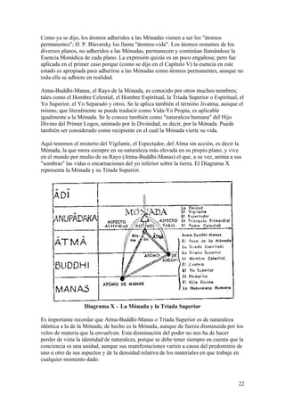 Como ya se dijo, los átomos adheridos a las Mónadas vienen a ser los "átomos
permanentes"; H. P. Blavatsky los llama "átomos-vida". Los átomos restantes de los
diversos planos, no adheridos a las Mónadas, permanecen y continúan llamándose la
Esencia Monádica de cada plano. La expresión quizás es un poco engañosa; pero fue
aplicada en el primer caso porque (como se dijo en el Capítulo V) la esencia en este
estado es apropiada para adherirse a las Mónadas como átomos permanentes, aunque no
toda ella se adhiere en realidad.

Atma-Buddhi-Manas, el Rayo de la Mónada, es conocido por otros muchos nombres;
tales como el Hombre Celestial, el Hombre Espiritual, la Tríada Superior o Espiritual, el
Yo Superior, el Yo Separado y otros. Se le aplica también el término Jivatma, aunque el
mismo, que literalmente se puede traducir como Vida-Yo Propia, es aplicable
igualmente a la Mónada. Se le conoce también como "naturaleza humana" del Hijo
Divino del Primer Logos, animado por la Divinidad, es decir, por la Mónada. Puede
también ser considerado como recipiente en el cual la Mónada vierte su vida.

Aquí tenemos el misterio del Vigilante, el Espectador, del Alma sin acción, es decir la
Mónada, la que mora siempre en su naturaleza más elevada en su propio plano, y vive
en el mundo por medio de su Rayo (Atma-Buddhi-Manas) el que, a su vez, anima a sus
"sombras" las vidas o encarnaciones del yo inferior sobre la tierra. El Diagrama X
representa la Mónada y su Tríada Superior.




                   Diagrama X – La Mónada y la Tríada Superior

Es importante recordar que Atma-Buddhi-Manas o Tríada Superior es de naturaleza
idéntica a la de la Mónada; de hecho es la Mónada, aunque de fuerza disminuida por los
velos de materia que la envuelven. Esta disminución del poder no nos ha de hacer
perder de vista la identidad de naturaleza, porque se debe tener siempre en cuenta que la
conciencia es una unidad, aunque sus manifestaciones varíen a causa del predominio de
uno u otro de sus aspectos y de la densidad relativa de los materiales en que trabaje en
cualquier momento dado.



                                                                                      22
 