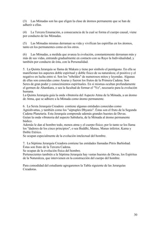 (3) Las Mónadas son las que eligen la clase de átomos permanente que se han de
adherir a ellas.

(4) La Tercera Emanación, a consecuencia de la cual se forma el cuerpo causal, viene
por conducto de las Mónadas.

(5) Las Mónadas mismas derraman su vida y vivifican las espirillas en los átomos,
tanto en los permanentes como en los otros.

(6) Las Mónadas, a medida que avanza la evolución, constantemente derraman más y
más de sus vidas, entrando gradualmente en contacto con su Rayo la Individualidad, y
también por conducto de ésta, con la Personalidad.

5. La Quinta Jerarquía se llama de Makara y tiene por símbolo el pentágono. En ella se
manifiestan los aspectos doble espiritual y doble físico de su naturaleza; el positivo y el
negativo en lucha entre sí. Son los "rebeldes" de numerosos mitos y leyendas. Algunas
de ellas son conocidas como Asuras y fueron los frutos de la Primera Cadena. Son
Seres de gran poder y conocimientos espirituales. En sí mismas ocultan profundamente
el germen de Ahamkara, o sea la facultad de formar el "Yo", necesario para la evolución
humana.
La Quinta Jerarquía guía la onda vibratoria del Aspecto Atma de la Mónada, a un átomo
de Atma, que se adhiere a la Mónada como átomo permanente.

6. La Sexta Jerarquía Creadora contiene algunas entidades conocidas como
Agnishvattas, y también como los "séptuples Dhyanis". Éstas son el fruto de la Segunda
Cadena Planetaria. Esta Jerarquía comprende además grandes huestes de Devas.
Guían la onda vibratoria del aspecto Sabiduría, de la Mónada al átomo permanente
búdico.
Además le dan al hombre todo, menos atma y el cuerpo físico; por lo tanto se los llama
los "dadores de los cinco principios", o sea Buddhi, Manas, Manas inferior, Kama y
Doble Etérico.
Se ocupan especialmente de la evolución intelectual del hombre.

7. La Séptima Jerarquía Creadora contiene las entidades llamadas Pitris Barhishad.
Éstas son fruto de la Tercera Cadena.
Se ocupan de la evolución física del hombre.
Pertenecientes también a la Séptima Jerarquía hay vastas huestes de Devas, los Espíritus
de la Naturaleza, que intervienen en la construcción del cuerpo del hombre.

Para comodidad del estudiante agregaremos la Tabla siguiente de las Jerarquías
Creadoras.




                                                                                        30
 