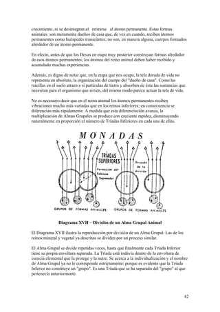 crecimiento, ni se desintegran al retirarse al átomo permanente. Estas formas
animales son meramente dueños de casa que, de vez en cuando, reciben átomos
permanentes como huéspedes transeúntes; no son, en manera alguna, cuerpos formados
alrededor de un átomo permanente.

En efecto, antes de que los Devas en etapa muy posterior construyan formas alrededor
de esos átomos permanentes, los átomos del reino animal deben haber recibido y
acumulado muchas experiencias.

Además, es digno de notar que, en la etapa que nos ocupa, la tela dorada de vida no
representa en absoluto, la organización del cuerpo del "dueño de casa". Como las
raicillas en el suelo atraen a sí partículas de tierra y absorben de ésta las sustancias que
necesitan para el organismo que sirven, del mismo modo parece actuar la tela de vida.

No es necesario decir que en el reino animal los átomos permanentes reciben
vibraciones mucho más variadas que en los reinos inferiores; en consecuencia se
diferencian más rápidamente. A medida que esta diferenciación avanza, la
multiplicación de Almas Grupales se produce con creciente rapidez, disminuyendo
naturalmente en proporción el número de Tríadas Inferiores en cada una de ellas.




                Diagrama XVII – División de un Alma Grupal Animal

El Diagrama XVII ilustra la reproducción por división de un Alma Grupal. Las de los
reinos mineral y vegetal ya descritas se dividen por un proceso similar.

El Alma Grupal se divide repetidas veces, hasta que finalmente cada Tríada Inferior
tiene su propia envoltura separada. La Tríada está todavía dentro de la envoltura de
esencia elemental que la protege y la nutre. Se acerca a la individualización y el nombre
de Alma Grupal ya no le corresponde estrictamente; porque es evidente que la Tríada
Inferior no constituye un "grupo". Es una Tríada que se ha separado del "grupo" al que
pertenecía anteriormente.




                                                                                           42
 