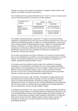 Pensador, por tanto, está el acopio de experiencias, recogidas en todas nuestras vidas
pasadas y cosechadas en muchos renacimientos.

En la clasificación de los cuerpos del hombre como "vainas" se conoce el cuerpo causal
como envoltura discernidora, de acuerdo con la tabla siguiente:

            Principio en el                     Rosha o Vaina
            hombre
                                         Sánscrito        Castellano
           Buddhi                   Anandamayakosha        Vaina de beatitud
           Manas Superior           Vijnanamayakosha      Vaina discriminadora
           Manas Inferior y
           Kama                     Manomayakosha         Vaina de sentimientos
           Prana                    Pranamayakosha         Vaina de vitalidad
           Sthula                   Annamayakosha          Vaina de alimento


En la palabra Vijnanamayakosha, la partícula "Vi" implica la acción discernidora,
separadora y distribuidora de las cosas, pues tal es la función especial de esta vaina. Las
experiencias del Manomayakosha se reflejan en el Vijnanamayakosha o cuerpo causal
como conceptos ideales. El Manomayakosha recoge y elabora, el Vijnanamayakosha
discierne y distribuye. Los cuerpos inferiores reciben y tratan con sensaciones,
percepciones, la formación y elaboración de ideas; pero es función del cuerpo causal
distribuirlas, discernir entre ellas, ocupándose de ideas puras, separadas de la
presentación concreta de las mismas.

En el cuerpo causal tenemos, por tanto, lo abstracto, no lo concreto, la acción interior
pura, ya no confundida por los sentidos, ni en manera alguna entorpecida por el mundo
exterior. En él está pura inteligencia, clara visión, inteligencia no agitada por los
sentidos, inteligencia tranquila, potente y serena.

En el cuerpo causal está también el poder creador de la meditación, las energías
resultantes de la contemplación concentrada. Esta es la vaina creadora del hombre,
porque Manas en éste corresponde en el Cosmos a Mahat, o Mente Universal, Divina
Ideación, la fuerza moldeadora, dirigente, que es el poder creador del cual todo
proviene. En esta vaina o envoltura del hombre existen todas las formas que pueden
aparecer, a las que este poder creador puede dar realidad objetiva.

La Doctrina Secreta (Tomo I, pág. 185) dice: "Kriyashakti. El poder misterioso del
pensamiento que le permite producir resultados externos, perceptibles fenomenales,
gracias a su propia energía inherente. Sostenían los antiguos que cualquier idea se
manifestará al exterior, si la atención de uno se halla profundamente concentrada sobre
ella. Del mismo modo una volición intensa será seguida por el resultado apetecido".
Esto es, naturalmente, el secreto de toda verdadera "magia".

La inteligencia del hombre es así, como se ha dicho, el reflejo de Brahma, de la Mente
Universal, la energía creadora. La facultad creadora de la imaginación del hombre, que
en la actualidad trabaja en materia sutil, trabajará igualmente, cuando el hombre sea
perfecto, en materia grosera; porque el poder imaginativo del hombre es el reflejo del
poder que ha creado el universo. Brahma meditó y todas las formas vinieron a la
existencia; de manera que, en el poder creador de la mente residen todas las
posibilidades de forma.


                                                                                         62
 