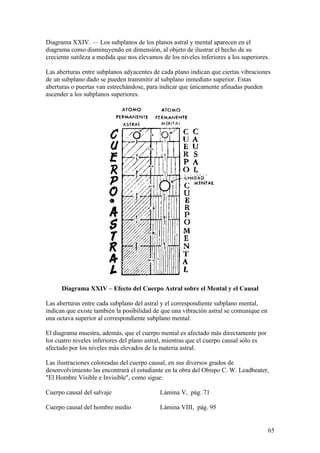 Diagrama XXIV. — Los subplanos de los planos astral y mental aparecen en el
diagrama como disminuyendo en dimensión, al objeto de ilustrar el hecho de su
creciente sutileza a medida que nos elevamos de los niveles inferiores a los superiores.

Las aberturas entre subplanos adyacentes de cada plano indican que ciertas vibraciones
de un subplano dado se pueden transmitir al subplano inmediato superior. Estas
aberturas o puertas van estrechándose, para indicar que únicamente afinadas pueden
ascender a los subplanos superiores.




      Diagrama XXIV – Efecto del Cuerpo Astral sobre el Mental y el Causal

Las aberturas entre cada subplano del astral y el correspondiente subplano mental,
indican que existe también la posibilidad de que una vibración astral se comunique en
una octava superior al correspondiente subplano mental.

El diagrama muestra, además, que el cuerpo mental es afectado más directamente por
los cuatro niveles inferiores del plano astral, mientras que el cuerpo causal sólo es
afectado por los niveles más elevados de la materia astral.

Las ilustraciones coloreadas del cuerpo causal, en sus diversos grados de
desenvolvimiento las encontrará el estudiante en la obra del Obispo C. W. Leadbeater,
"El Hombre Visible e Invisible", como sigue:

Cuerpo causal del salvaje                   Lámina V, pág. 71

Cuerpo causal del hombre medio              Lámina VIII, pág. 95


                                                                                        65
 