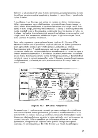 Entonces la tela entera envolviendo el átomo permanente, asciende lentamente al punto
de unión de las suturas parietal y occipital, y abandona el cuerpo físico — que ahora ha
dejado de existir.

A medida que el ego desocupa cada uno de sus cuerpos, los átomos permanentes de
dichos cuerpos pasan a una condición estática y son retenidos en el cuerpo causal en
estado latente. Mientras el hombre se encuentra únicamente en el cuerpo causal, tiene,
dentro de dicho cuerpo, el átomo permanente físico, el astral y la molécula permanente
mental o unidad, como se denomina ésta comúnmente. Estos tres átomos, envueltos en
la tela de vida búdica, tienen el aspecto de una partícula brillante, como un núcleo, en el
cuerpo causal. Son, naturalmente, todo lo que le queda al ego de los cuerpos físicos,
astral y mental, de su última encarnación.

Estas varias etapas están representadas en la parte izquierda del Diagrama XXV.
Mientras el hombre está en posesión de todos sus vehículos, los átomos permanentes
están representados con rayos proyectados por éstos, indicando que están en
funcionamiento activo. A medida que muere cada cuerpo y queda atrás, el átomo
permanente involucrado entra en estado latente, como lo muestra el círculo sin rayos, y
se retira dentro del cuerpo causal. A medida que los átomos permanentes "se duermen"
en esta forma, disminuye la corriente normal de vida en las espirillas, y durante todo el
período de reposo la corriente es pequeña y lenta. El diagrama muestra el cuerpo causal,
en el plano causal, con las tres partículas permanentes dentro del cuerpo, todos en
estado latente.




                     Diagrama XXV – El Ciclo de Renacimiento

Es necesario que el estudiante se de cuenta de que es necesario para la evolución que
sean trasladados estos átomos permanentes, por cuanto el hombre desarrollado ha de
dominar todos los planos o mundos, y los átomos permanentes forman el único canal
directo, por más imperfecto que sea, entre la tríada espiritual o ego y las formas con las
que está conectado. Si fuera concebible que pudiera desarrollarse sin los átomos
permanentes, sería posible que llegaría a ser un glorioso arcángel en los planos
inferiores, por haberse despojado del poder de sentir y de pensar. Sin embargo no


                                                                                         95
 