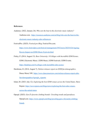 References:
Audiense. (2022, January 24). Who sets the beat in the electronic music industry?
Audiense.com. https://resources.audiense.com/en/blog/who-sets-the-beat-in-the-
electronic-music-industry-edm-influencers
FestivalPro. (2025). Festival pro Blog. Festival Pro.com.
https://www.festivalpro.com/festival-management/3952/news/2025/8/26/Ageing-
Ravers-Impact-on-EDM-Music-Festivals.html
Finley, P. (2014, August 13). Rave University: 8 Colleges with Incredible EDM Scenes.
EDM | Electronic Music | EDM Music | EDM Festivals | EDM Events.
https://thatdrop.com/8-colleges-with-incredible-edm-scenes/
Harshman, H. (2014, August 7). Nielsen releases report on EDM fan demographics.
Dance Music NW. https://www.dancemusicnw.com/nielsen-releases-report-edm-
fan-demographics/#google_vignette
Islam, M. (2025, July 12). Exploring the best EDM venues across the United States. Rave
Repeat. https://rave-repeat.com/blogs/news/exploring-the-best-edm-venues-
across-the-united-states
Opeepl. (2025). Gen Z's favorite clothing brands: Unveiling trends and paradoxes.
Opeepl.com. https://www.opeepl.com/blog/unveiling-gen-z-favourite-clothing-
brands
 