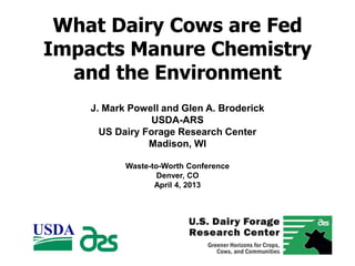 What Dairy Cows are Fed
Impacts Manure Chemistry
and the Environment
J. Mark Powell and Glen A. Broderick
USDA-ARS
US Dairy Forage Research Center
Madison, WI
Waste-to-Worth Conference
Denver, CO
April 4, 2013
USDA
 