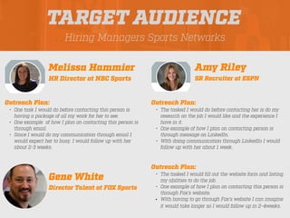 PROFILE
PICTURE
Hiring Managers Sports Networks
TARGET AUDIENCE
Melissa Hammier
Outreach Plan:
• One task I would do before contacting this person is
having a package of all my work for her to see.
• One example of how I plan on contacting this person is
through email.
• Since I would do my communication through email I
would expect her to busy. I would follow up with her
about 2-3 weeks.
PROFILE
PICTURE HR Director at NBC Sports
Amy Riley
Outreach Plan:
• The tasked I would do before contacting her is do my
research on the job I would like and the experience I
have in it.
• One example of how I plan on contacting person is
through message on LinkedIn.
• With doing communication through LinkedIn I would
follow up with her about 1 week.
SR Recruiter at ESPN
Gene White
Outreach Plan:
• The tasked I would
fi
ll out the website form and listing
my abilities to do the job.
• One example of how I plan on contacting this person is
through Fox’s website.
• With having to go through Fox’s website I can imagine
it would take longer so I would follow up in 2-4weeks.
PROFILE
PICTURE Director Talent at FOX Sports
 