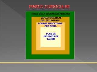 MARCO CURRICULAR
FINES DE LA EDUCACIÓN PERUANA
CARACTERÍSTICAS
DEL ESTUDIANTE
LOGROS EDUCATIVOS
POR NIVEL
PLAN DE
ESTUDIOS DE
LA EBR
 