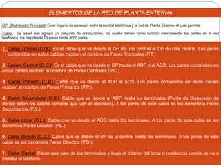 ELEMENTOS DE LA RED DE PLANTA EXTERNA
DP (Distribuidor Principal). Es el órgano de conexión entre la central telefónica y la red de Planta Externa, el cual permite:
Cable: Es aquel que agrupa un conjunto de conductores, los cuales tienen como función interconectar las partes de la red
telefónica, los hay desde 10 pares hasta 3000 pares.
según las funciones que realicen dentro de la red, a los cables se les asignan las siguientes denominaciones:1. Cable Troncal (CTK): Es el cable que va desde el DP de una central al DP de otra central. Los pares
contenidos en estos cables, reciben el nombre de Pares Troncales (P.T.)
2. Cables Central (C.C.): Es el cable que va desde el DP hasta el ADP o al ADS. Los pares contenidos en
estos cables reciben el nombre de Pares Centrales (P.C.).
3. Cable Primario (C.P.): Cable que va desde el ADP al ADS. Los pares contenidos en estos cables
reciben el nombre de Pares Primarios (P.P.).
4. Cable Secundario (C.S.): Cable que va desde el ADP hasta los terminales (Punto de Dispersión de
donde salen los cables ramales que van al abonado). A los pares de este cable se les denomina Pares
Secundarios (P.S.).
5. Cable Local (C.L.): Cable que va desde el ADS hasta los terminales. A los pares de este cable se les
denomina Pares Locales (P.L.).
6. Cable Directo (C.D.): Cable que va desde el DP de la central hasta los terminales. A los pares de este
cable se les denomina Pares Directos (P.D.).
7. Cable Ramal: Cable que sale de los terminales y llega al interior del local o residencia donde se va a
instalar el teléfono.
 