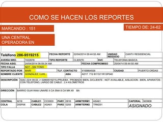 COMO SE HACEN LOS REPORTES
MARCANDO : 151
UNA CENTRAL
OPERADORA EN
CARACAS
TIEMPO DE: 24-62
 