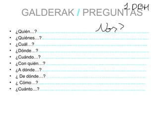GALDERAK / PREGUNTAS 
• ¿Quién…?............................................................................................ 
• ¿Quiénes…?........................................................................................ 
• ¿Cuál…?............................................................................................. 
• ¿Dónde…?........................................................................................... 
• ¿Cuándo…?......................................................................................... 
• ¿Con quién…?................................................................................... 
• ¿A dónde…?...................................................................................... 
• ¿ De dónde…? …………………………………………………………. 
• ¿ Cómo…?........................................................................................ 
• ¿Cuánto…?....................................................................................... 
 