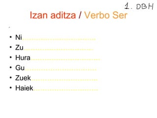 Izan aditza / Verbo Ser 
• Ni………………………….. 
• Zu………………………… 
• Hura………………………… 
• Gu…………………………. 
• Zuek……………………….. 
• Haiek………………………. 
 