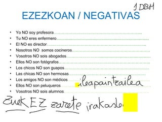 EZEZKOAN / NEGATIVAS 
• Yo NO soy profesora………………………………………………………... 
• Tu NO eres enfermero.................................................................................. 
• El NO es director……………………………………………………………….. 
• Nosotros NO somos cocineros…………………………………………………. 
• Vosotros NO sois abogados…………………….............................................. 
• Ellos NO son fotógrafos………………………………………………………….. 
• Los chicos NO son guapos……………………………………………………… 
• Las chicas NO son hermosas………………………………………………… 
• Los amigos NO son médicos……………………………………………………. 
• Ellos NO son peluqueros…………………………………………………………. 
• Vosotros NO sois alumnos……………………………………………………… 
 