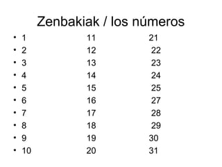 Zenbakiak / los números 
• 1 11 21 
• 2 12 22 
• 3 13 23 
• 4 14 24 
• 5 15 25 
• 6 16 27 
• 7 17 28 
• 8 18 29 
• 9 19 30 
• 10 20 31 
 