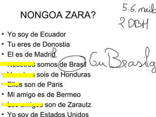 NONGOA ZARA? 
• Yo soy de Ecuador 
• Tu eres de Donostia 
• El es de Madrid 
• Nosotros somos de Brasil 
• Vosotros sois de Honduras 
• Ellos son de Paris 
• Mi amigo es de Bermeo 
• Los amigos son de Zarautz 
• Yo soy de Estados Unidos 
 