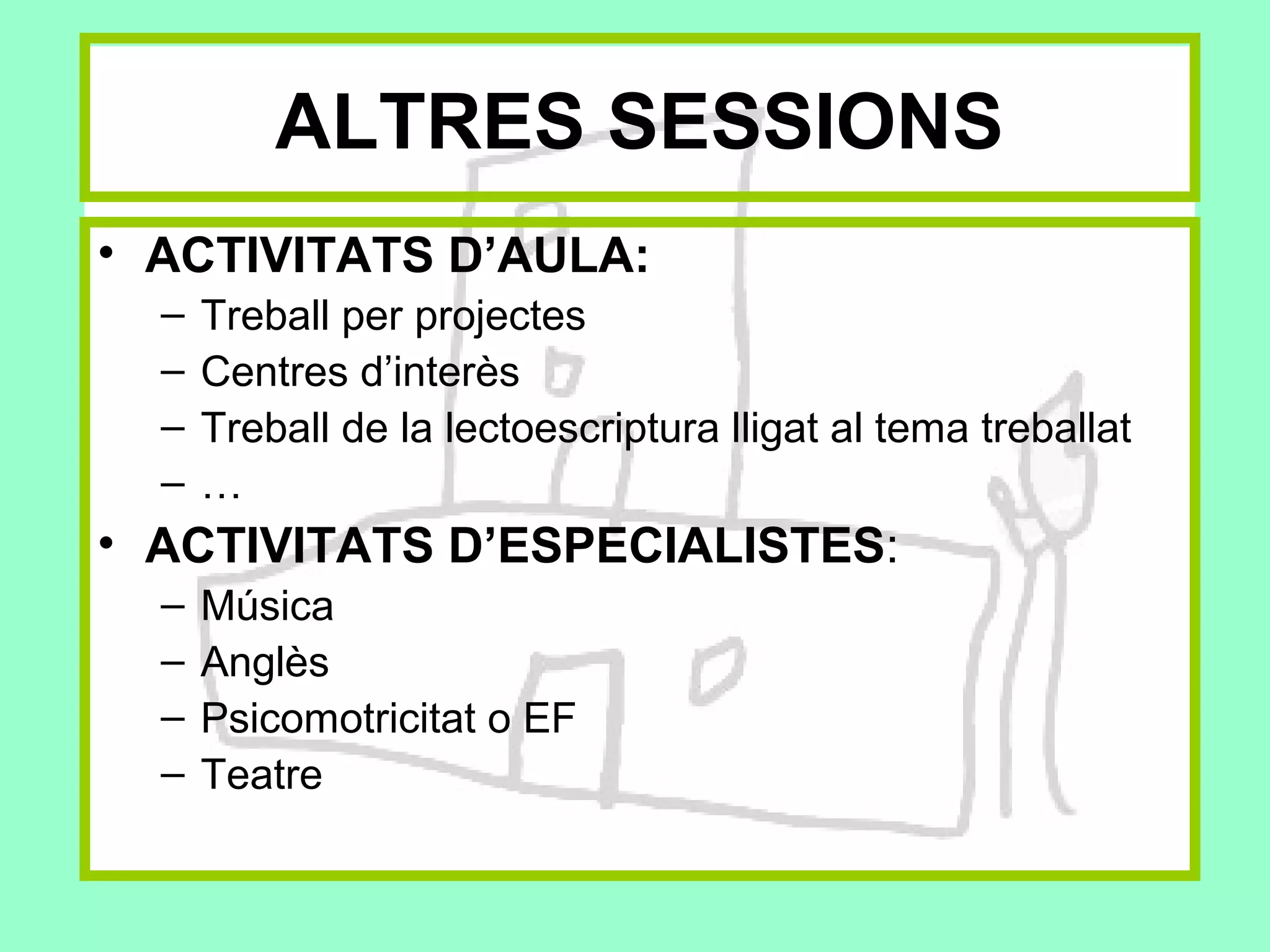 ALTRES SESSIONS
• ACTIVITATS D’AULA:
  –   Treball per projectes
  –   Centres d’interès
  –   Treball de la lectoescriptura lligat al tema treballat
  –   …
• ACTIVITATS D’ESPECIALISTES:
  –   Música
  –   Anglès
  –   Psicomotricitat o EF
  –   Teatre
 