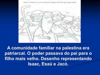 A comunidade familiar na palestina era
patriarcal. O poder passava do pai para o
filho mais velho. Desenho representando
Isaac, Esaú e Jacó.
 