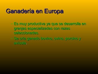 Ganadería en Europa
 – Es muy productiva ya que se desarrolla en
   granjas especializadas con razas
   seleccionadas.
 – ...