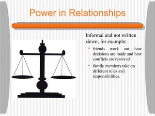 Power in Relationships Informal and not written down, for example: friends work out how decisions are made and how conflicts are resolved family members take on different roles and responsibilities. 