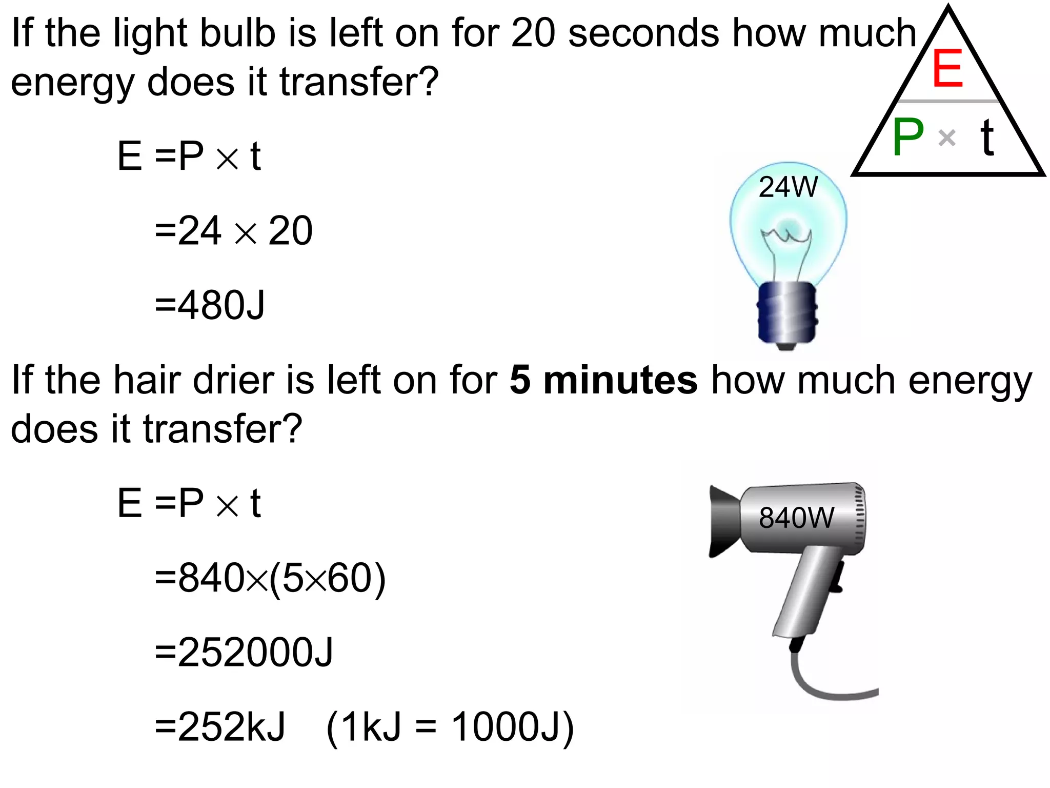 If the light bulb is left on for 20 seconds how much energy does it transfer? E =P    t =24    20 =480J If the hair drier is left on for  5 minutes  how much energy does it transfer? E =P    t =840  (5  60) =252000J =252kJ (1kJ = 1000J) 24W 840W 