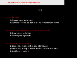 Les censures d’internet dans le monde Plan  I) Etat des lieux 1) Les censures reconnues 2) Censure cachée, les débuts d’une surveillance du web II)  Moyens mis en œuvre et processus de censure 1) Les moyens techniques 2) Les moyens législatifs III) La résistance à la censure 1) Les outils à la disposition des internautes 2) La mise en pratique de ces moyens de contournement 3) Le rôle des hackers 