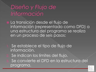 Diseño y Flujo de Información La transición desde el flujo de información (representado como DFD) a una estructura del programa se realiza en un proceso de seis pasos:  Se establece el tipo de flujo de información.  Se indican los límites del flujo.   Se convierte el DFD en la estructura del programa. 