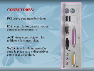 CONECTORES: PCI  :sirve para transferir datos IDE : controla los dispositivos de almacenamiento masivo. AGP  :tiene como objetivo los gráficos y la conectividad SATA  :interfaz de transmisión entre la placa base y dispositivos como la el disco duro. 