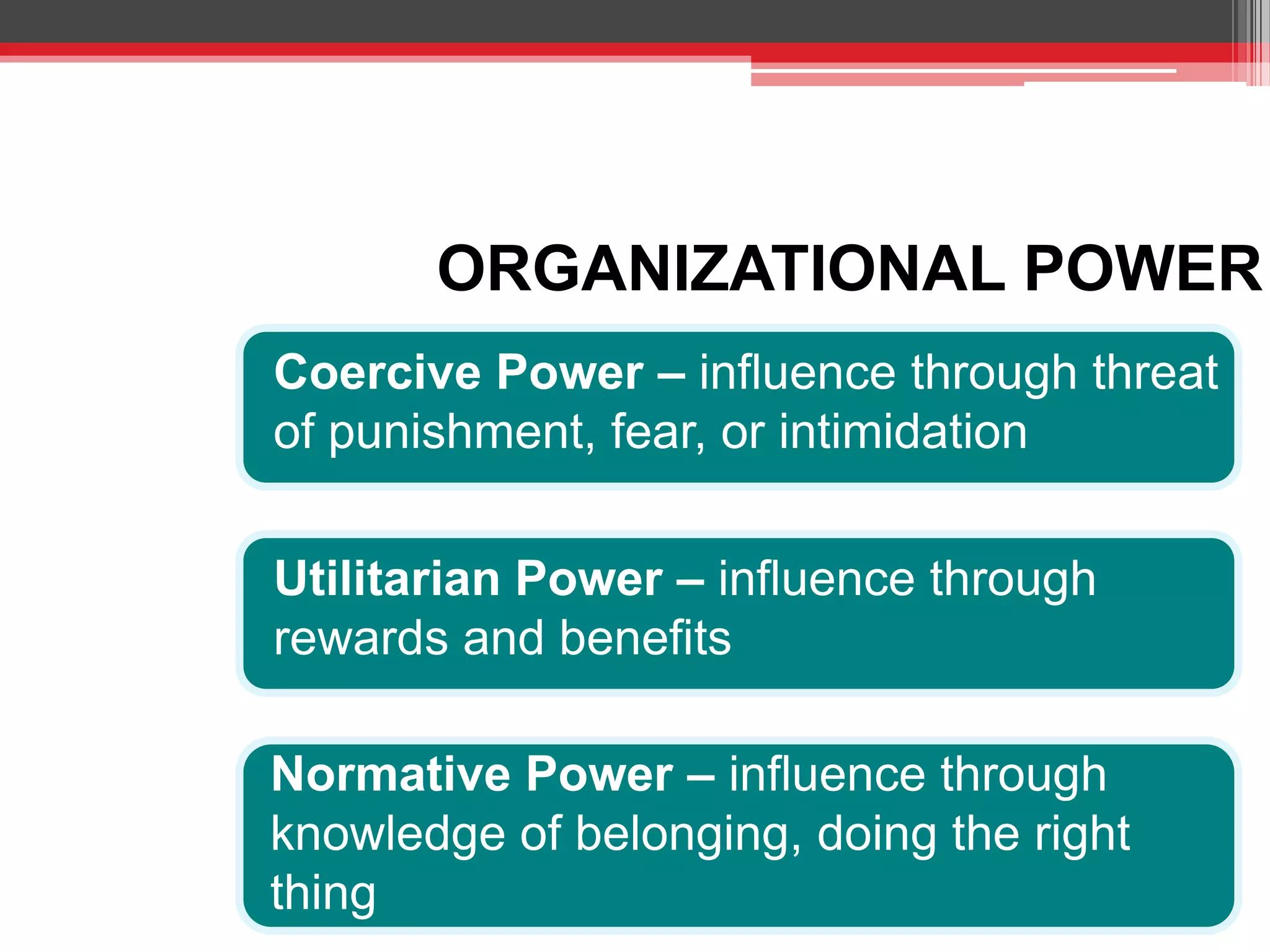 ORGANIZATIONAL POWER
Coercive Power – influence through threat
of punishment, fear, or intimidation

Utilitarian Power – influence through
rewards and benefits

Normative Power – influence through
knowledge of belonging, doing the right
thing
 