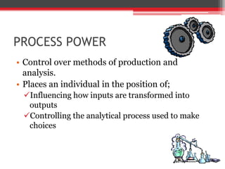 PROCESS POWER
• Control over methods of production and
  analysis.
• Places an individual in the position of;
 Influencing how inputs are transformed into
  outputs
 Controlling the analytical process used to make
  choices
 