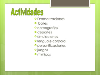  Dramatizaciones
  bailes
 coreografías
 deportes
 simulaciones
 lenguaje corporal
 personificaciones
 juegos
 mímicas
 