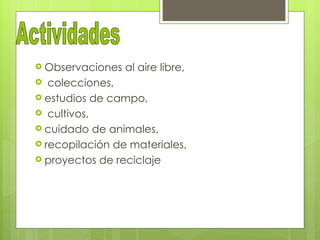  Observaciones   al aire libre,
  colecciones,
 estudios de campo,
 cultivos,
 cuidado de animales,
 recopilación de materiales,
 proyectos de reciclaje
 