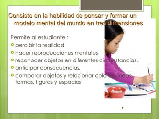 Consiste en la habilidad de pensar y formar un
 modelo mental del mundo en tres dimensiones

Permite al estudiante :
 percibir la realidad
 hacer reproducciones mentales
 reconocer objetos en diferentes circunstancias,
 anticipar consecuencias,
 comparar objetos y relacionar colores, líneas,
  formas, figuras y espacios
 