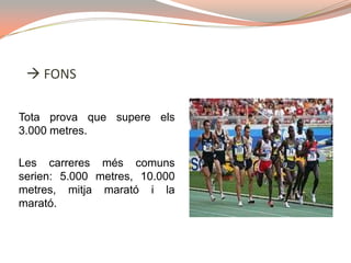  FONS

Tota prova que supere els
3.000 metres.

Les carreres més comuns
serien: 5.000 metres, 10.000
metres, mitja marató i la
marató.
 