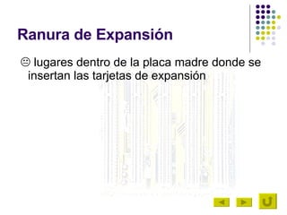 Ranura de Expansión   lugares dentro de la placa madre donde se insertan las tarjetas de expansión 