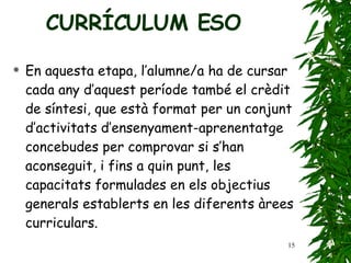 En aquesta etapa, l’alumne/a ha de cursar cada any   d’aquest període també el crèdit de síntesi, que està   format per un conjunt d’activitats d’ensenyament-aprenentatge concebudes per comprovar si   s’han aconseguit, i fins a quin punt, les capacitats   formulades en els objectius generals establerts   en les diferents àrees curriculars. CURRÍCULUM ESO 