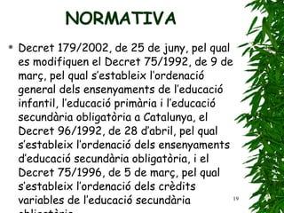 NORMATIVA Decret 179/2002, de 25 de juny, pel qual es modifiquen   el Decret 75/1992, de 9 de març, pel qual   s’estableix l’ordenació general dels ensenyaments   de l’educació infantil, l’educació primària i l’educació   secundària obligatòria a Catalunya, el Decret   96/1992, de 28 d’abril, pel qual s’estableix l’ordenació   dels ensenyaments d’educació secundària obligatòria,   i el Decret 75/1996, de 5 de març, pel qual   s’estableix l’ordenació dels crèdits variables de   l’educació secundària obligatòria . 