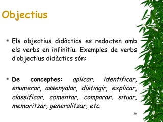 Els objectius didàctics es redacten amb els verbs en infinitiu. Exemples de verbs d’objectius didàctics són: De conceptes:   aplicar, identificar, enumerar, assenyalar, distingir, explicar, classificar, comentar, comparar, situar, memoritzar, generalitzar, etc. Objectius 