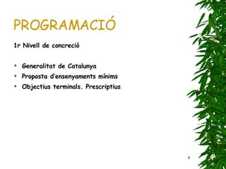 PROGRAMACIÓ 1r Nivell de concreció Generalitat de Catalunya Proposta d’ensenyaments mínims Objectius terminals. Prescriptius  