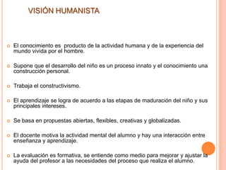  El conocimiento es producto de la actividad humana y de la experiencia del
mundo vivida por el hombre.
 Supone que el desarrollo del niño es un proceso innato y el conocimiento una
construcción personal.
 Trabaja el constructivismo.
 El aprendizaje se logra de acuerdo a las etapas de maduración del niño y sus
principales intereses.
 Se basa en propuestas abiertas, flexibles, creativas y globalizadas.
 El docente motiva la actividad mental del alumno y hay una interacción entre
enseñanza y aprendizaje.
 La evaluación es formativa, se entiende como medio para mejorar y ajustar la
ayuda del profesor a las necesidades del proceso que realiza el alumno.
VISIÓN HUMANISTA
 