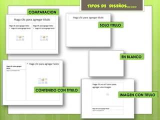 TIPOS DE DISEÑOS……..
COMPARACION

SOLO TITULO

EN BLANCO

CONTENIDO CON TITULO
IMAGEN CON TITULO

 