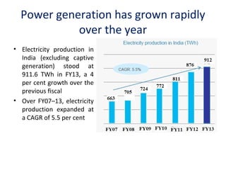 Power generation has grown rapidly
over the year
• Electricity production in
India (excluding captive
generation) stood at
911.6 TWh in FY13, a 4
per cent growth over the
previous fiscal
• Over FY07–13, electricity
production expanded at
a CAGR of 5.5 per cent

 