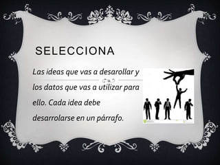 SELECCIONA
Las ideas que vas a desarollar y
los datos que vas a utilizar para
ello. Cada idea debe
desarrolarse en un párrafo.