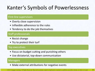 Kanter’s Symbols of Powerlessness 
©2015 Cengage Learning. All Rights Reserved. May not be scanned, copied or duplicated, or posted to a publicly accessible website, in whole or in part. 
9 
First-line supervisors 
• Overly close supervision 
• Inflexible adherence to the rules 
• Tendency to do the job themselves 
Staff professionals 
• Resist change 
• Try to protect their turf 
Top executives 
• Focus on budget cutting and punishing others 
• Use dictatorial, top-down communication 
Managers 
• Make external attributions for negative events 
 