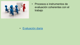 • Procesos e instrumentos de
evaluación coherentes con el
trabajo
• Evaluación diaria
 